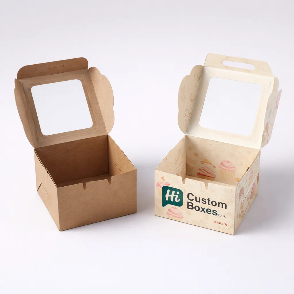 Two white rectangular boxes with flip lids, one plain and one featuring medical-style mini cake branding. class=